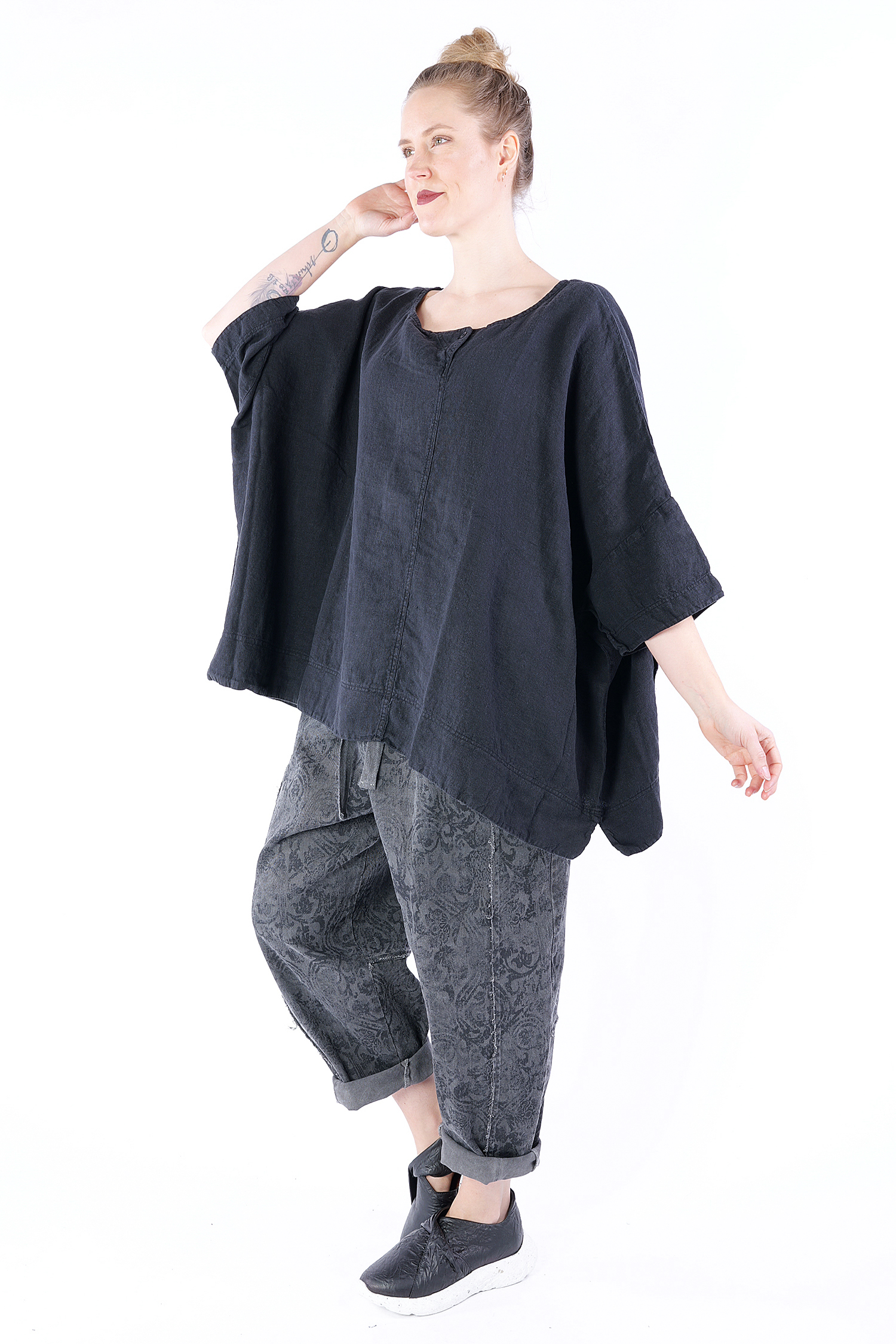 Wide linen top - 1253540506 - black